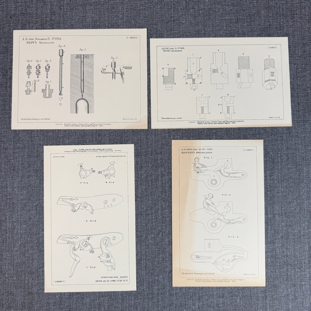 Vintage 1854 London Patent Prints Manton Davis Shaw Nock Firearm Art